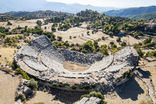 Preview: Drone photo of remains of Altinkaya Amphitheater. Roman theatre of Selge, Antalya, Turkey.