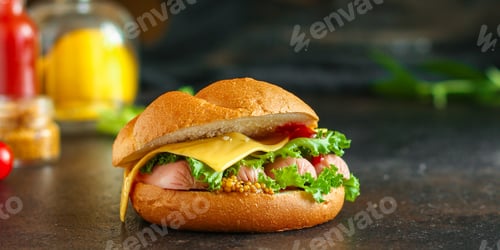 Preview: Burger With Sausages, Cf, Lettuce, Tomato Sauce (Snack Sandwich, Kaiser Bun). Top Food Background