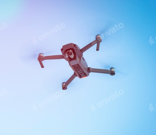Preview: Drone flying in the blue sky, unmanned copter flight