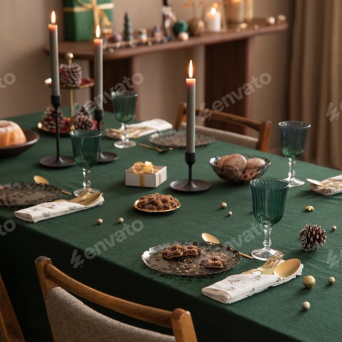 Preview: Aesthetic composition of christmas living room interior with personal accessories. Home decor