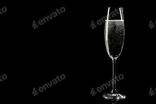 Preview: Glass of champagne on black background, space for text