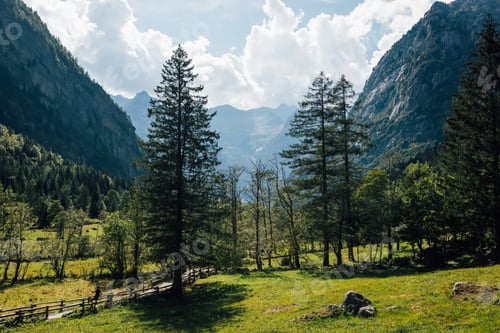 Preview: Alpine landscape countryside in sunny summer day in Val di Mello, Lombardy, Italy.