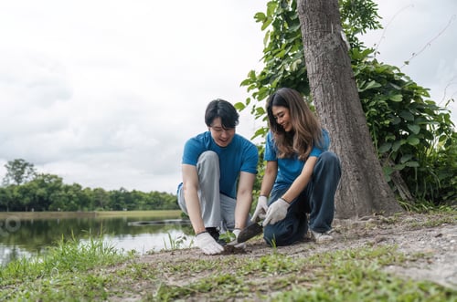 Preview: Volunteer Team Planting Trees and Caring for Nature by a Lakeside on a Cloudy Day