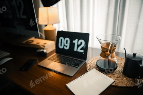 Preview: Home computer desk and digital clock on screen