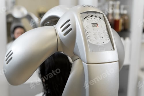 Preview: Close-up of professional hair dryer dries young girl's hair. Portrait of a girl in a beauty