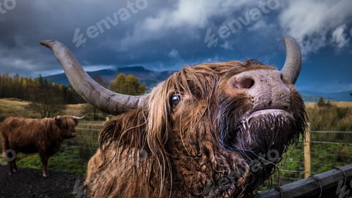 Preview: Closeup shot of an adult domestic yak looking at the camera with another yak in the background