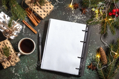 Preview: Open planner Notebook with empty wich list and Cup of coffee on xmas dark stone tabletop.