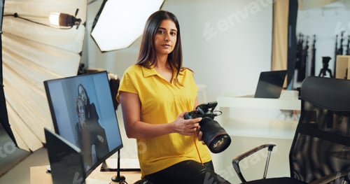 Preview: Portrait, photographer and woman with camera, monitor and confident of decision for project or pict