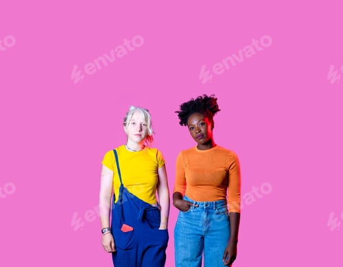 Preview: Two diverse women friends posing isolated advertising copy space background