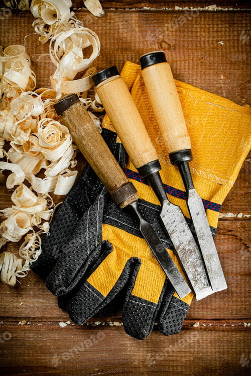 Preview: Chisels with wooden sawdust on the table.