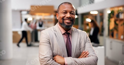 Preview: Portrait, business and black man with arms crossed, smile and corporate professional in office. Afr