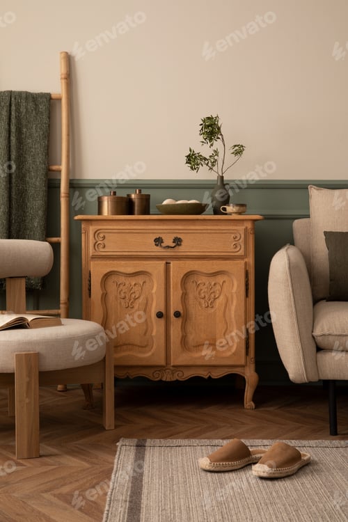 Preview: Stylish composition of living room interior with beige sofa, wooden sideboard, stylish armchair