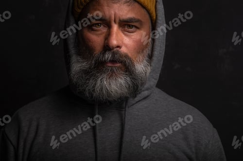 Vorschau: Nahaufnahme eines reifen Mannes mit Kapuze und schmutzigen traurigen Augen, der mit düsterem Ausdruck in die Kamera schaut