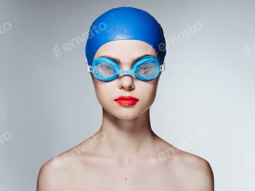 Preview: woman with bare shoulders swimming cap athlete workout sport