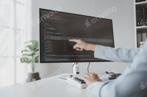 Preview: Female programmer typing on computer keyboard, programmer designing custom computer programming, cod