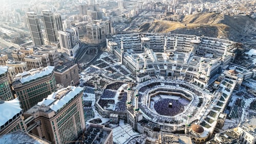 Preview: Aerial view Mecca skyline , Makkah city Saudi Arabia, Makkah Clock Tower - Masjid Al Haram drone