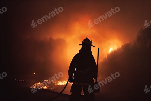 Preview: firefighter silhouette in the rain with a fire and smoke in the background, portrait, epic scene