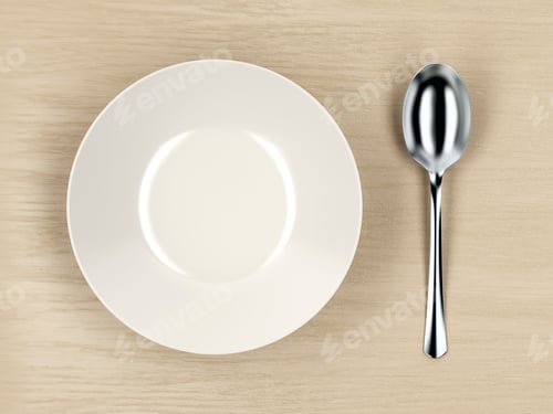 Preview: Empty soup bowl and silver spoon