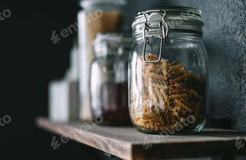 Preview: Pasta and grocery in glass jars on a wooden shelf in the kitchen. Detail