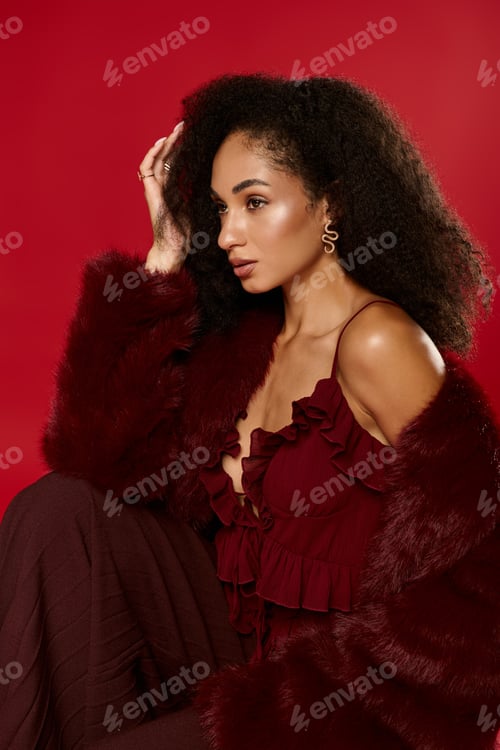 Preview: Stunning Black woman models trendy autumn fashion in a vibrant studio