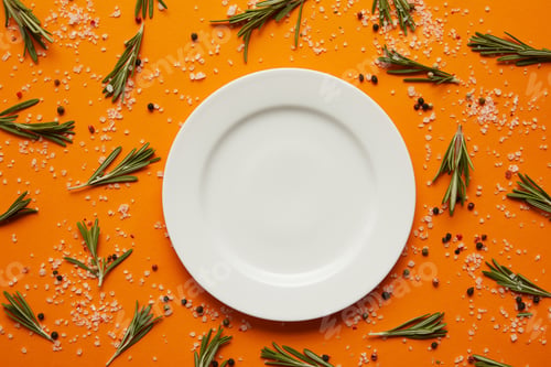 Preview: top view of empty round white plate, rosemary, salt and peppercorns on orange