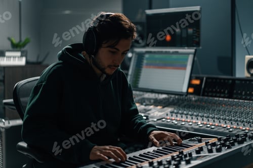 Preview: Male hands play electronic piano keyboard Fingers tap keys midi controller Musician produces song