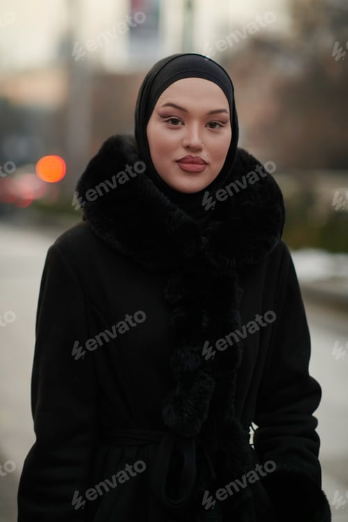 Preview: Muslim woman walking on an urban city street on a cold winter night wearing hijab