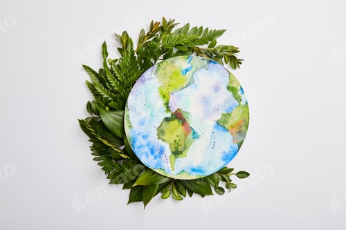 Preview: composition of fresh green fern leaves and planet picture isolated on grey background, earth day