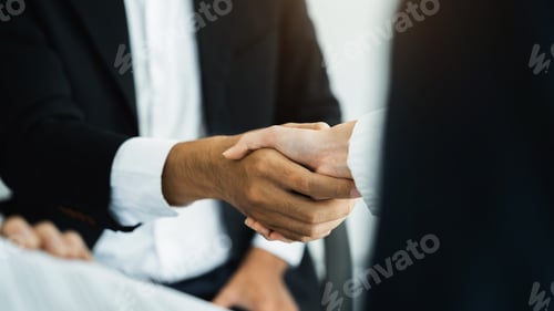 Preview: Business men and women shake hands confidently at an office meeting.