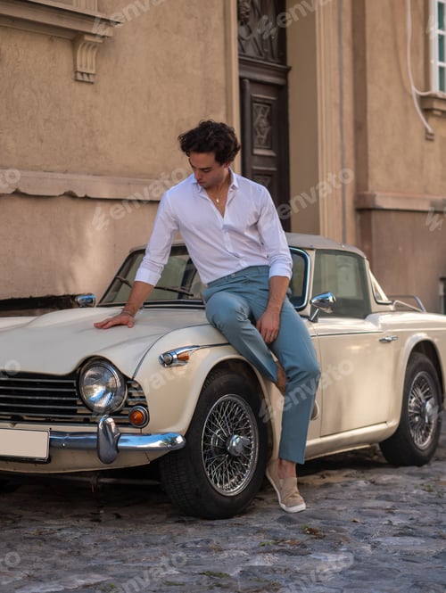 Preview: Young Man And Convertible Vintage Car.
