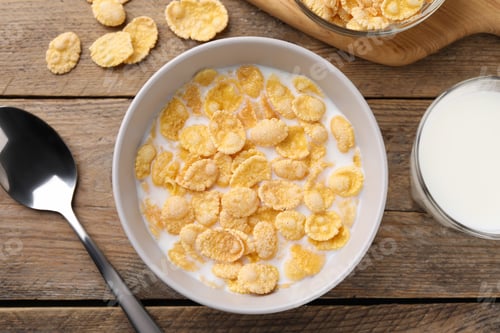 Preview: Tasty cornflakes with milk served on wooden table, flat lay