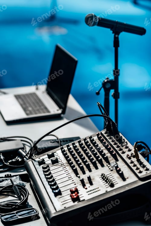 Preview: Media Event. Microphone, Sound Mixer And Laptop