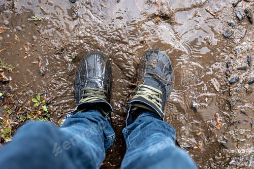 Preview: View from above on pair of trekking shoes in a mud.