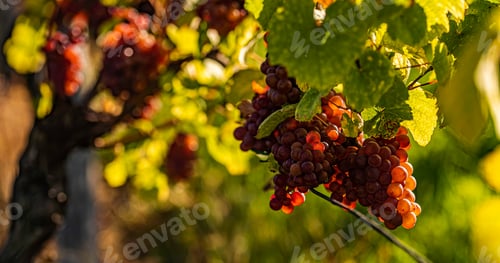 Preview: Red grapes growing on vine in bright sunshine light.