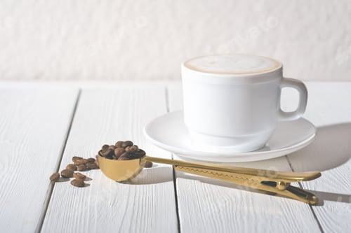 Preview: cup of cappuccino on a wooden table, enjoying the good moment, simple pleasures
