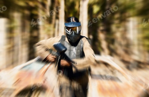 Preview: Soldier, paintball and running with gun for intense battle or war in the forest pushing to attack.