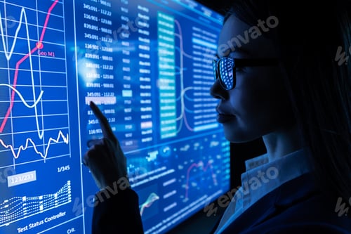 Preview: The businesswoman works with a blue sensor screen.