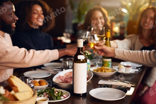 Preview: Friends toasting wine glasses at dinner