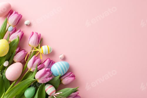 Preview: Colorful eggs, and bunch of fresh tulips create an Easter atmosphere. Top view