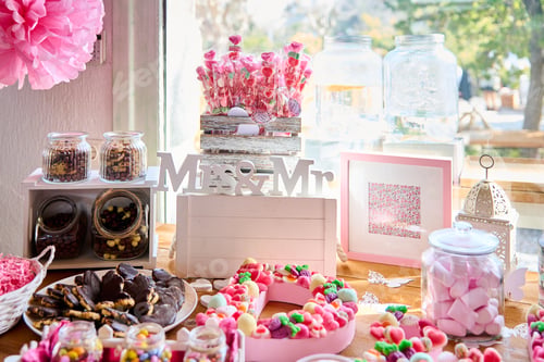 Preview: Wedding candy bar with various sweets and candies. Sweet buffet