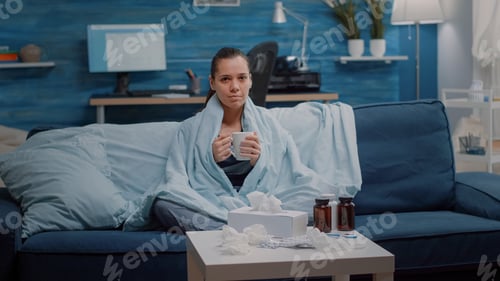 Preview: Portrait of woman with flu holding cup of tea in blanket