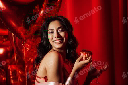 Preview: Portrait of beautiful glamour makeup asian sexy smile girl undies with cupcake and glass champagne
