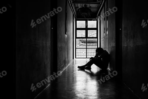 Preview: Lonely young man feeling depressed and stressed sitting in the dark walkway