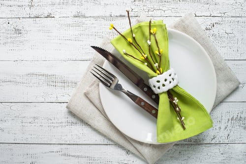 Preview: Spring Table setting at white wooden table.