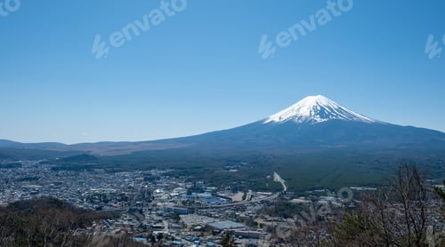 Preview: Fuji Mountain in Japan, snow capped peak in Spring, blue clear sky