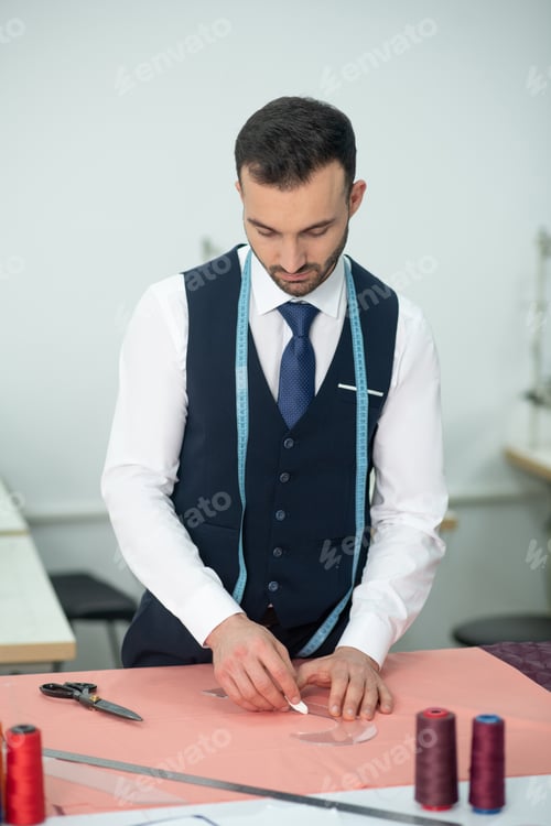 Preview: Male fashion designer outlining pattern with chalk