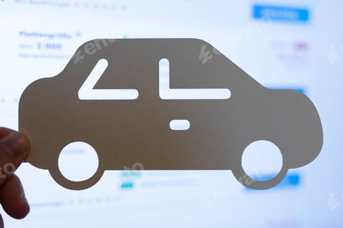 Preview: Car-shaped cut paper over a background of a screen as a concept for insurance