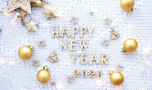 Visualização: Feliz Ano Novo, números de madeira 2026 em aconchegante fundo de malha branca festivo