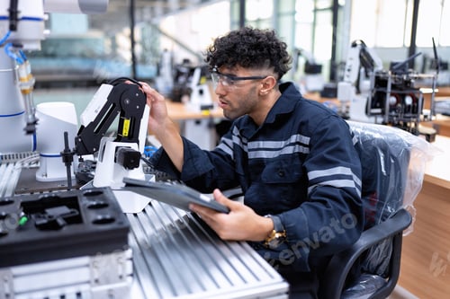 Preview: Engineer sitting in robot fab. room use tablet pc quality check robot arm hardware engineering