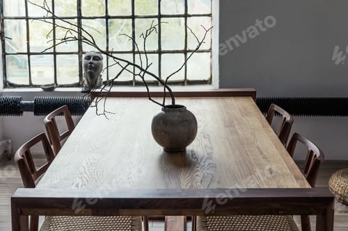 Preview: Stylish composition of modern dining room interior design with wooden table.
